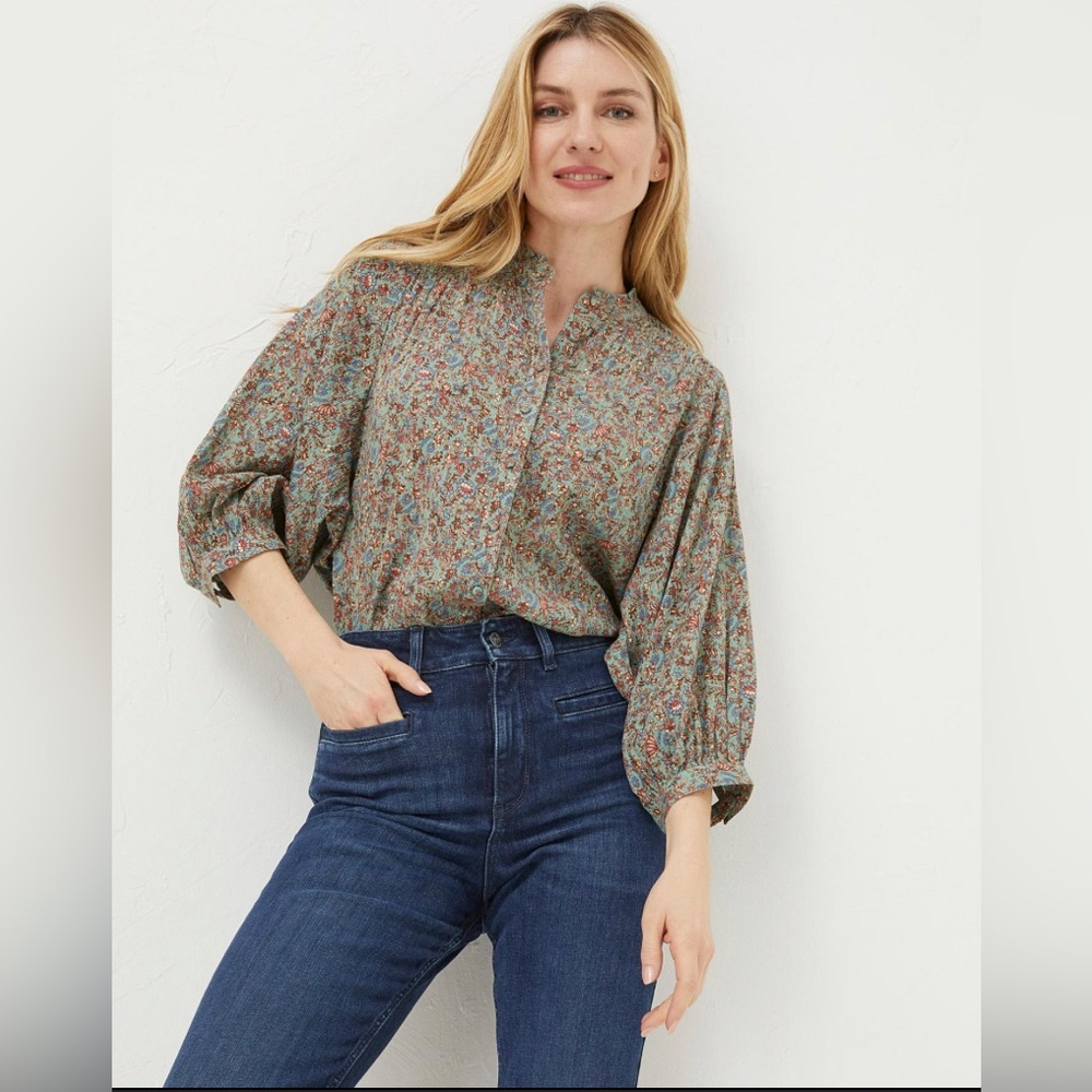 Fat Face Boxy Green and Pink Blouse with Mandarin Collar